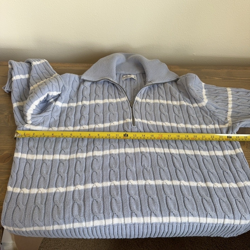 Hollister Womens Medium Blue White Stripe 1/4 Zip Cable Knit Long Sleeve Sweater - Picture 6 of 7